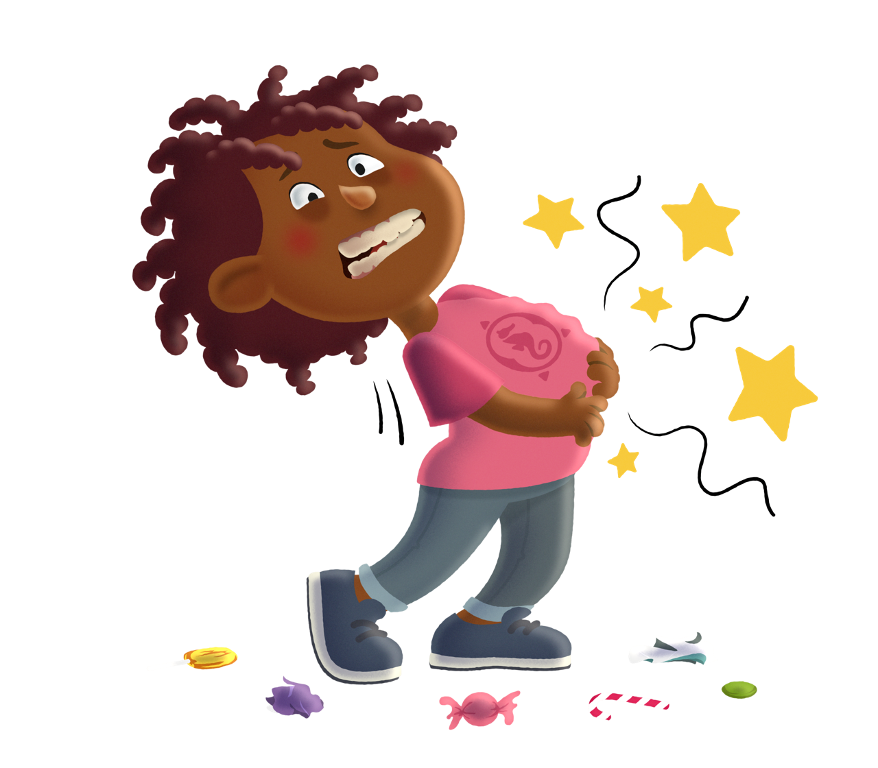 Ein illustriertes Kind krümmt sich wegen Bauchweh, weil es viele Süßigkeiten gegessen hat.
