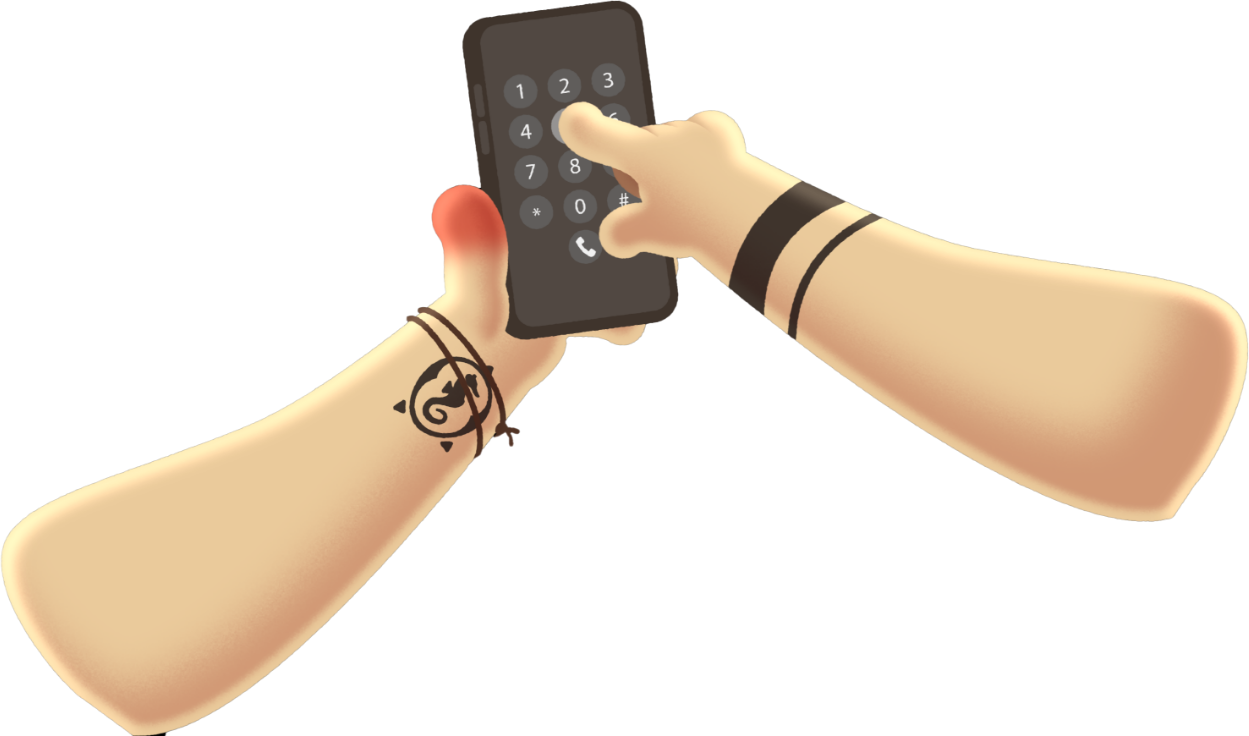 Zwei illustrierte, tätowierte Hände mit einer Verletzung am Daumen wählen eine Nummer am Handy.